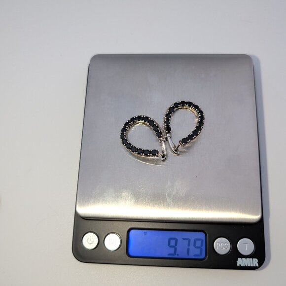 Black Spinel Hoop Earrings 925 Sterling Silver - Picture 2 of 8